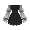 2021 Gotisk sexig klänning Vintage av axel Lantern Sleeve Mesh Patchwork Velvet Mini Dresses Dark Street Black för Kvinna