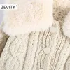 Zevity Women Fashion Faux Fur Collar Patchwork Knitting Casual sweter Femme Chic Twist Crochet Krótkie Kardigan Topy S457 210603