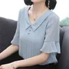 Kobiety Wiosna Lato Styl Peter Pan Collar Bluzki Topy Lady Casual Krótki Rękaw Flare Paski Blusas Blue Biały DF2688 210609