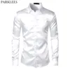 Beyaz İpek Saten Smokin Gömlek Erkekler Marka Uzun Kollu Donatılmış Erkek Elbise Gömlek Düğün Dansı Erkek Rahat Gömlek Chemise 210522