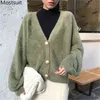 Autumn Faux Mink Korean Knitted Cardigan Sweaters Women Long Sleeve V-neck Gold Buttons Tops Casual Fashion Ladies 210513