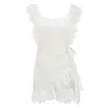 Летнее платье Женщины Boho Богемский язык, выладьте вязание крючком кружева вышивка белое платье спинки галстуки рюшами мини пляжные платья sundress x0521