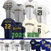 Milwaukee Mens Brewers Women 22 Christian Yelich Custom 19 Robin Yount Baseball Jersey 6 Lorenzo Cain 24 Jesus Aguilar 12 Aaron Rodgers