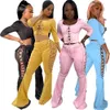 Desinger Button Flared Pants Two-piece Set Women Square Neck Tracksuits Sexy Hollow Out Corns Strap Bandage Suit