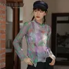 Aesthetic Crewneck Long Sleeve Mesh Top Purple Green Blouse Women See Through Patchwork Designer Fashion Clothes 210427