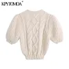 KPYTOMOA Women Fashion Cable-Knit Cropped Sweater Vintage O Neck Puff Sleeve Female Pullovers Chic Tops 211215