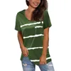 여성 느슨한 플러스 사이즈 티셔츠 캐주얼 스트라이프 O 넥 짧은 소매 탑 주머니 여름 여성 인쇄 Streetwear Tee Shirt S-5XL 210526