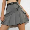 Vintage Belt black Pleated skirts womens pocket high waist Streetwear office mini korean faldas 210521