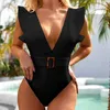 Sexy Ruffle Swimsuit Push Up Swimwear Mulheres Backless Ternos De Banho Branco Polido Deep v Monokini 210625