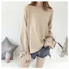 HSA Women Korean Sweaters Fashion Pull Jumpers Oneck Flare Sleeve Knitwear Irregular Loose Bow Cute Solid Pullover Tops 210430
