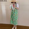 Korejpaaの女性のドレス夏の西洋風の減少年齢薄い深いVネックレースのトリムステッチ花緩いスリングVestidos 210526