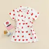 Meisje jurken meisjes zomer shirt jurk Valentijnsdag liefde hart print revers korte mouw bandage knop-down voor kinderen