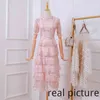 Dentelle rose broderie maxi robe femme été féminin manches courtes haute taille volant élégant longue fête robes femme 210603