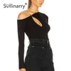 Solliner seksi kapalı omuz içi boş outlar kadınlar bahar siyah parti üst tees moda uzun kollu ince bluz 210709