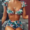 In-X Red Swimsuit z spódnicą Sexy High Waist Bikini 2020 Wzburzyć Swimsuit Swimsuit Swimwear Kobiety Off Ramię Bandeau Kostium kąpielowy Y0820