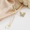 Coreano elegante carino orecchini a farfalla per le donne ragazze matrimonio strass clip doppie farfalle gioielli polsini dell'orecchio della catena della perla
