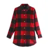 Vintage Women Red-Black Plaid Koszula Kurtka Moda Damska Z Długim Rękawem Side Pocket Bluzka Kobieta Dorywczo Soft Odzież 210515