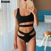 Riseado Sexy Bikini Set Cut Out Bademode Frauen Hohe Taille Riemen Badeanzüge Brasilianische Biquini Black Beach Wear 210722