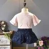 LOVE DDMM Mädchen-Sets, Sommer-Kinderkleidung, Mädchen, handgefertigt, mit Perlen, Blumen, gestreiftes T-Shirt + Schleife, weites Bein, Shorts, Anzug 210715