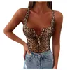 Mulheres Moda Sem Mangas V Pescoço Leopardo Impresso Botão Playsuits Skinny Slim One-Peça Bodysuits Sexy Jumpsuit Feminino Macacões # P3 Y0927