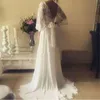 2021 Long Poet Sleeves Wedding Dresses A Line Lace Applique Chiffon Sweep Train Scalloped Halsbanan Custom Made Plus Size Beach Brudklänning Vestido de Novia 403 403