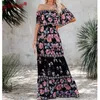 Sommartryck vintage långa klänningar för kvinnor sexig off-shoulder ruffle mode boho fest maxi klänning damer strand sundress 220215