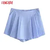 Tangada Summer Women Elegant Blue Plaid Skirt Shorts Back Zipper Pockets Beach Shorts Pantalones JE69 210609