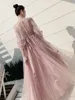 Etnisk Kläder Fairy Pink Evening Party Dress Exquisite Appliques Kändis Bankett Elegant A-Line Hostess Slim Maxi Mesh