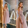 Dusty Pink Glitter Tulle Prom Dresses Off The Shoulder Short Sleeves Boning Tea Length Prom Gown Formal Dress Vestidos De Fiesta