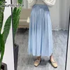 Surmiitro vår sommar långa pläterade kjolar Kvinnor Koreansk stil Elegant Blå estetisk Hög midja Midi Skirt Kvinna 210712