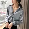 Koreański styl vintage bluzka kobiety jesień v-neck shirt kobiety topy elegancki szczupły stałe biuro pani ubrania Wszystkie mecz 11025 210527