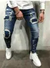 Autunno Moto Biker jeans Strappato Patchwork Mens Jeans Pantaloni Uomo Slim Stretch pantaloni buco blu Matita Pantaloni jeans Per uomo X0621
