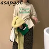 Koreanskt Chic Höst Wild Letter Print Tshirt Tjock Loose Short Sleeve T Shirts Vintage High Waist Straight Leopard Kjol Casual 210610