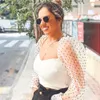 Stylish Sexy Slim Crop Women Top Transparent Mesh Patchwork Sleeve V Collar Backless Chic Shirt Stretchy White Short Blus 210326