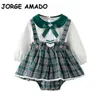 Venda Por Atacado primavera meninas 2 pcs conjuntos de mangas compridas arco Peter Pan Collar top + verde vestido xadrez bonito crianças roupas e9156 210610