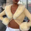 Sweetown Ribbed Knitted Ladies Cardigans Sweaters With Fur Trim Collar Long Sleeve Slim Autumn Winter Jumper Knitwear 211011