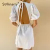 Sollinarry High street cotton backless summer dress A-line women's mini dress white Asymmetric o neck lantern sleeve vestidos 210709