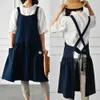 Women Antifouling Cross Back Pockets Cooking Baking Apron Dress Work Clothes Household Cleaning Tools Aprons 210625