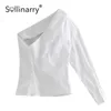 Sollinarry Sexy gaine col incliné chemisier femme blanc Asymétrique été dames chemisier chemise Fashion club solide haut court 210709