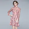 Spring Autumn Runway Pink Floral Dress Women's Lace Patchwork Long Sleeve Bow Stand Collar Flower Ruffles A Line Elegant Dress 210514