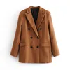Kvinnor Brun Solid Dubbel Breasted Suit Jacka Kontor Ladies Blazer Fickor Design Arbetskläder Toppar 210430