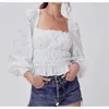 Women White Embroidery Flower Wood ears Square Collar Long Puff Sleeve Shirt Retro Elastic Ruched Slim Short Blouse Sweet Tops 210429