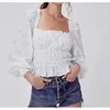 Mulheres Branco Bordado Flower Wood Orelhas Quadrado Collar Longo Slow Sleeve Camisa Retro Elástico Ruched Slim Blusa Curta Tops Doces 210429