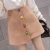 PERHAPS U Women Blended Skirts A-Line Solid Mini Short Autumn Winter Chic Elegant Zipper Black Khaki Colorful Button Think S0250 210529