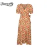 Surplice Neck Floral Print Tie Waist Ruffle Wrap Dresses Summer Women Vacation Casual Beach Style Long Dress 210510