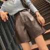 Boosty Bermuda Shorts Imitation PU Leather Women's Autumn Winter Loose Wide Leg Black Knee-Length Trouser 210601