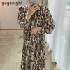Vintage Frauen Zwei Stücke Leopard Langarm Maxi Kleid Chic Koreanische Gestrickte Lose Weste Dame Anzug Mode 2 Set 210601