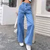 Button Fly Solid Wide Leg Jeans Women Spring Summer Big Pocket Denim Pants Casual Street Ladies High Waist 210510