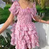 Günlük Elbiseler Jennydave Moda Blogger Indie Halk Çiçek Baskı Seksi Kare Yaka Mini Parti Elbise Kadınlar İlkbahar ve Yaz