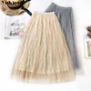 Boho high waist tulle skirt Women's s woman fashion womens jupe femme beading long maxi pleated 210608